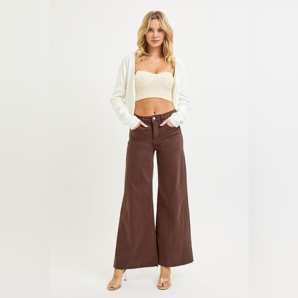 Tummy Control High Rise Wide Leg Palazzo Jeans with Raw Hem - Risen